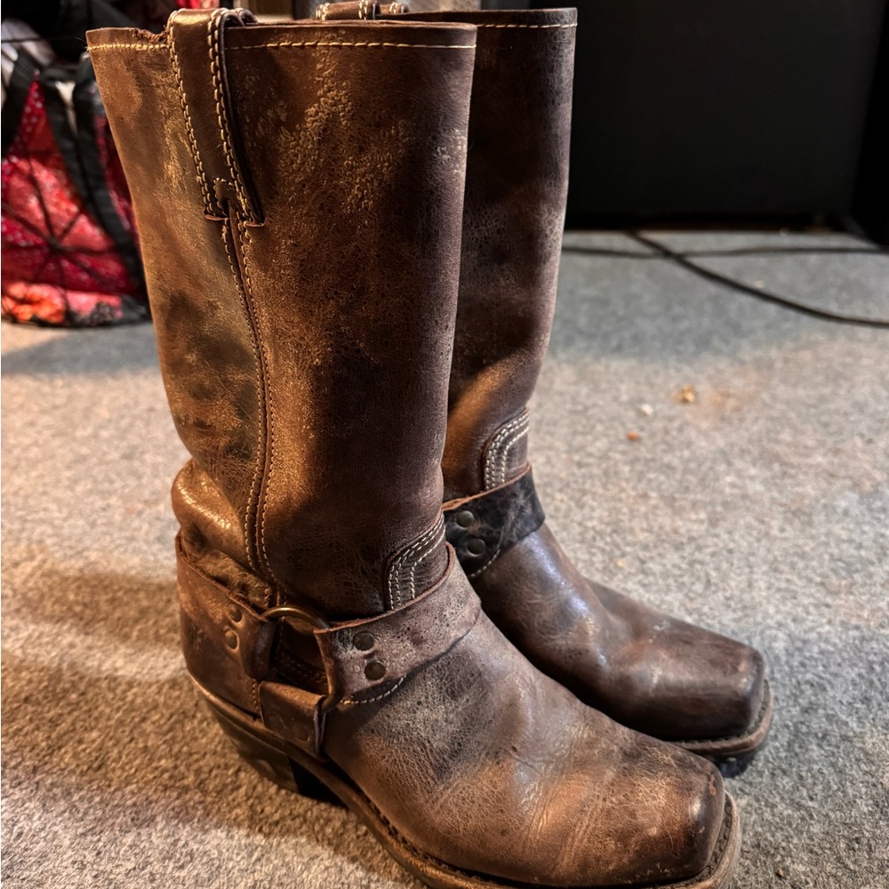 Frye Brown Leather Harness Moto Boots